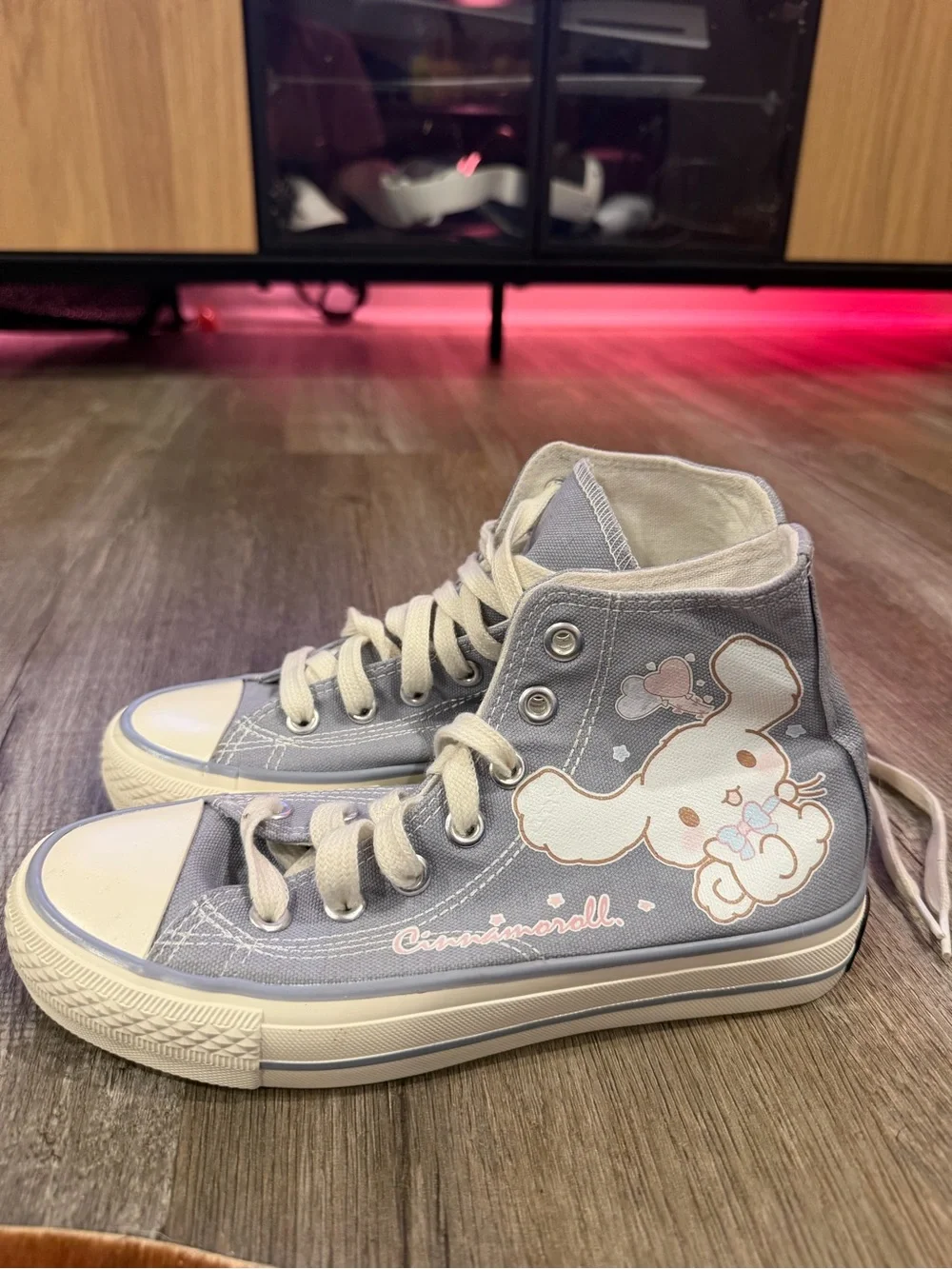 Canvas High-Top Sneakers in Light Gray with Character Print